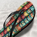 Colorful tiki-themed sandal on a white textured background
