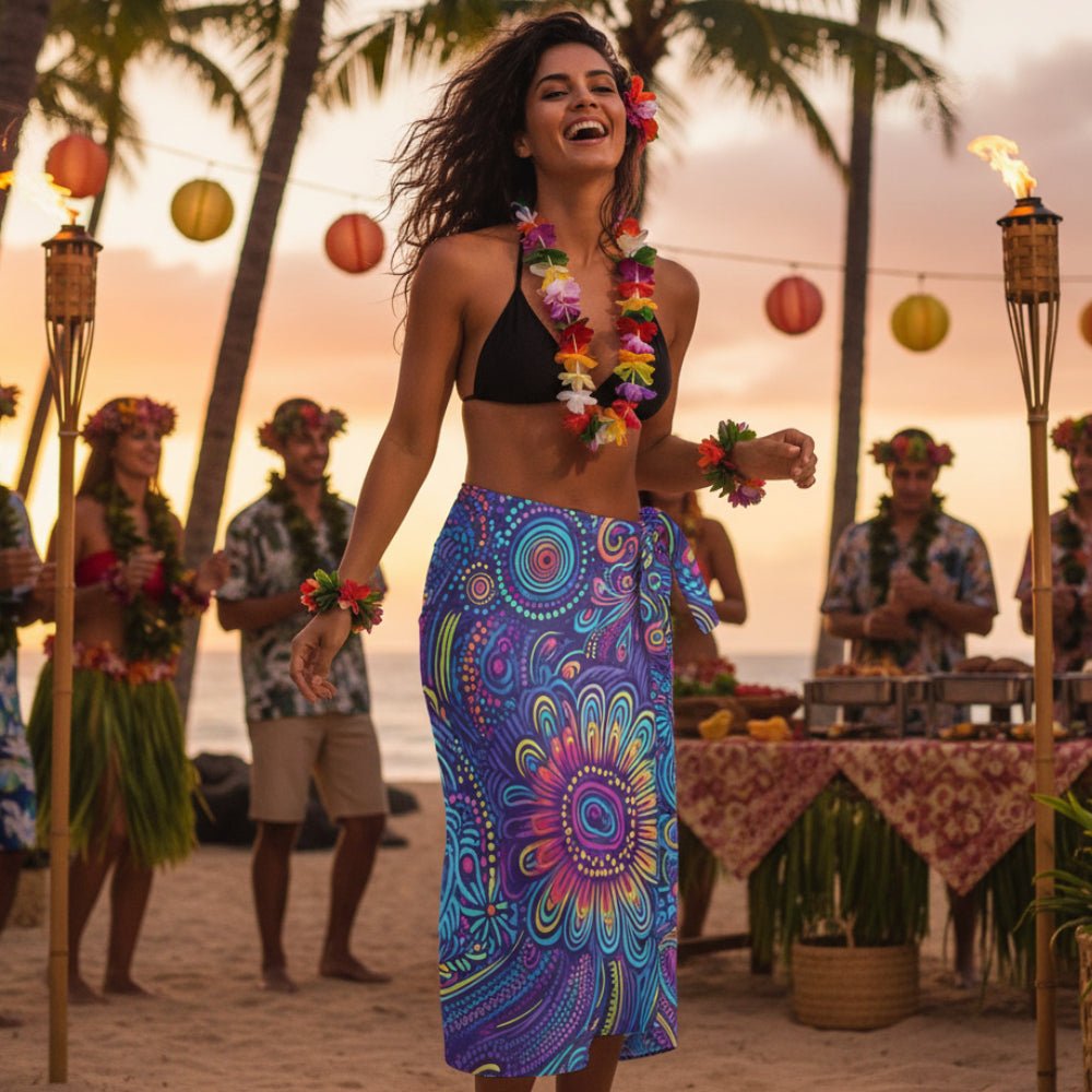 woman wearing Island-Tribal tiki patterned beach wrap and a black bikini having fun at a Hawaiian Luau