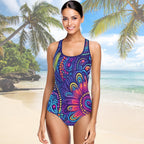 Woman wearing a colorful swimsuit on a beach with palm trees in the background