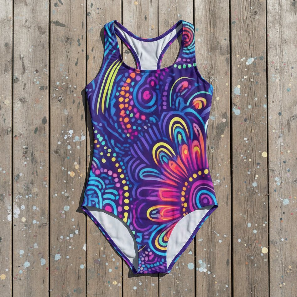 Colorful patterned swimsuit on a rustic wood background