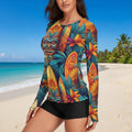 Colorful tropical-themed long-sleeve Sun Protection Shirt worn by a model on an island beach