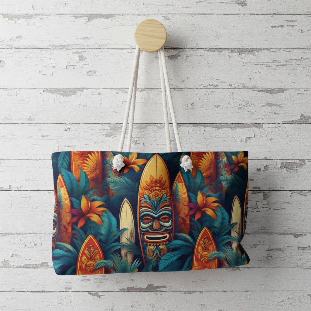 Colorful tote bag with tropical design featuring surfboards and masks on a wooden surface.