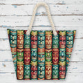 Tiki Tote Bag with colorful tiki mask pattern on a rustic nautical background