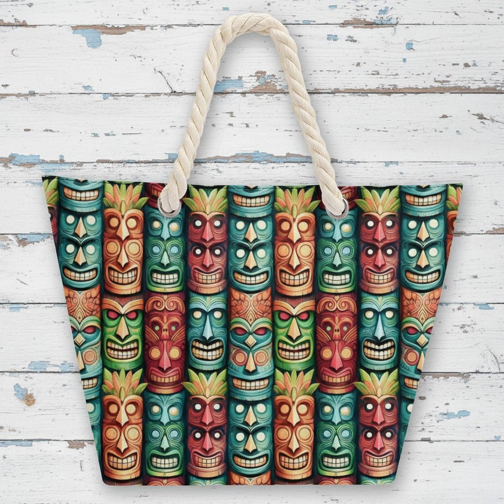 Tote bag with colorful tiki mask pattern on a rustic nautical background