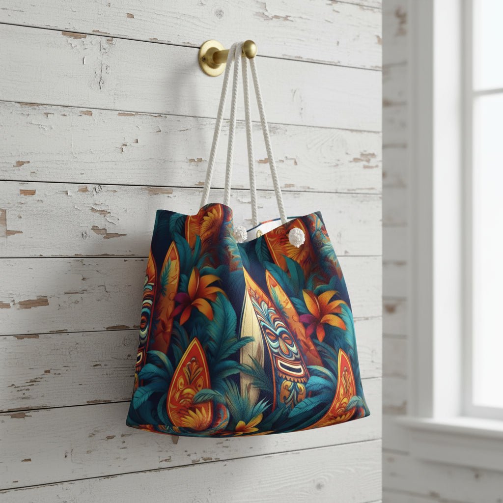 Colorful tote bag with floral design hanging on a wooden wall.