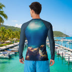 Person wearing a long-sleeve rash guard with an underwater design on a treasure island