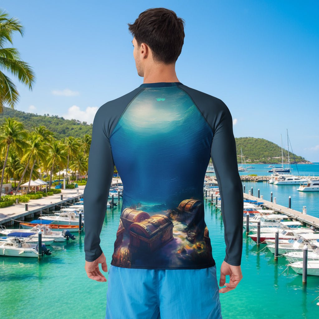 Person wearing a long-sleeve rash guard with an underwater design on a treasure island