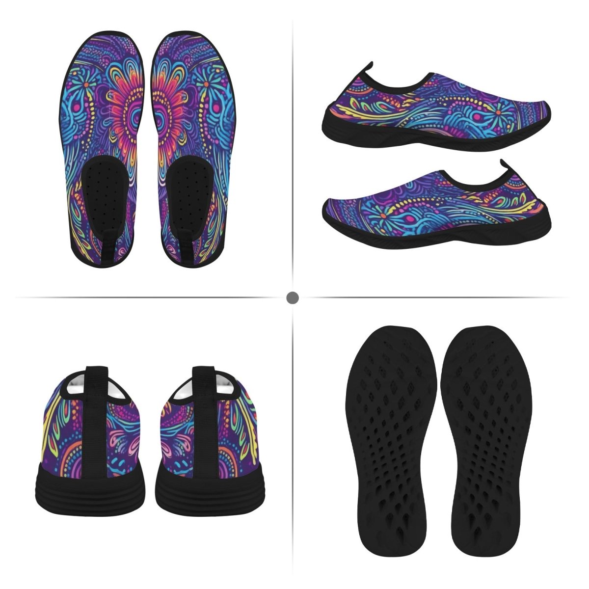 A four-panel product collage showing a pair of slip-on water shoes from multiple angles: top view, side view, back view, and outsole view. The shoes have a vivid psychedelic floral and paisley pattern in purple, blue, pink, and yellow on a black base, with black soles.