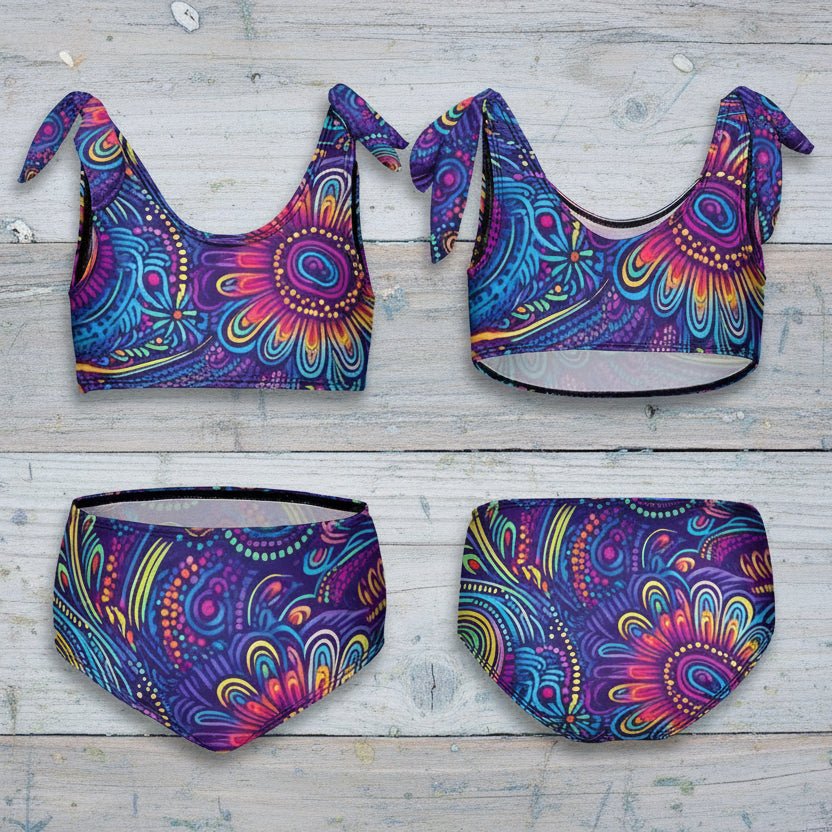 Colorful bikini set with a paisley pattern on a rustic nautical wood background