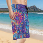 Surfer wearing Colorful psychedelic tiki patterned shorts on Waikiki Beach
