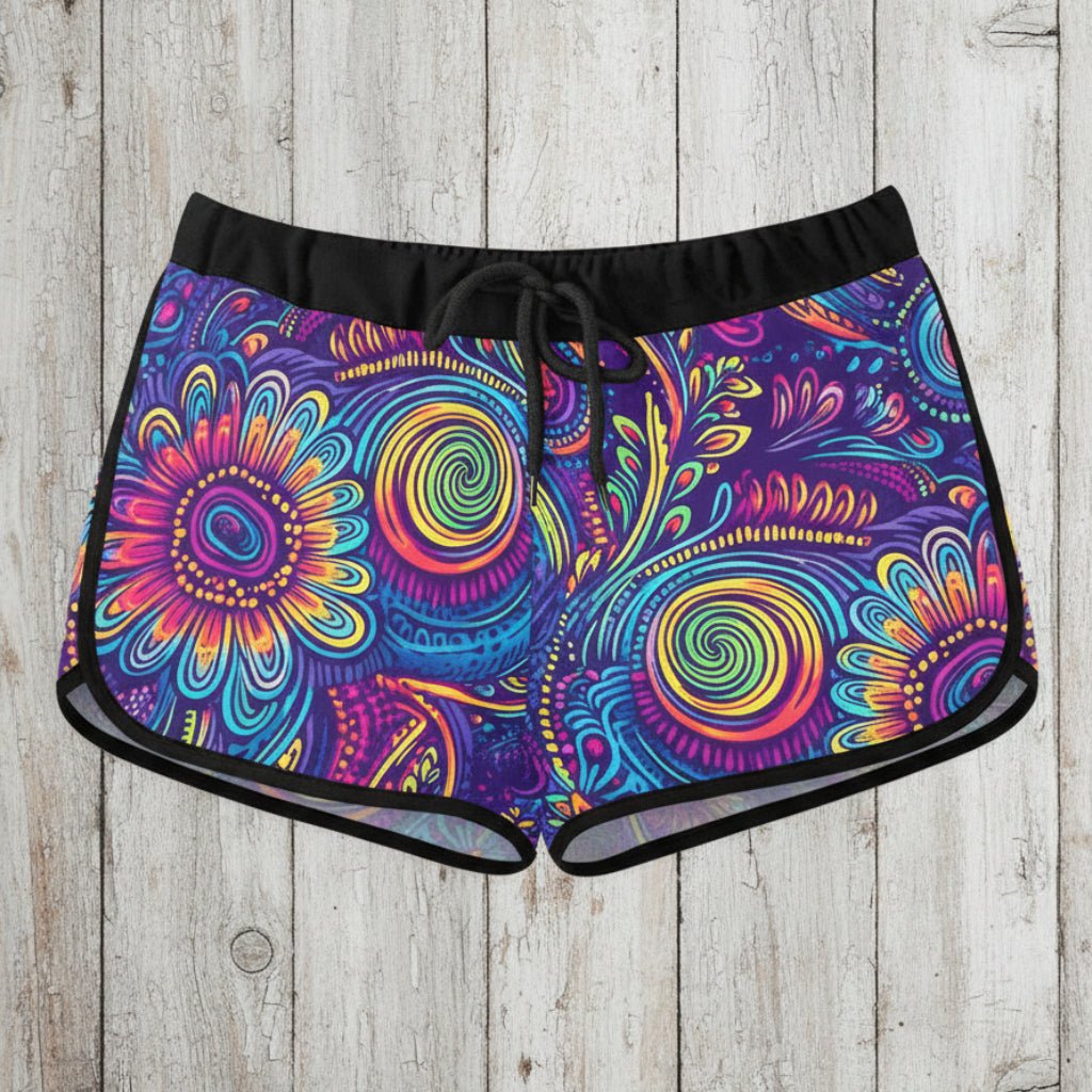 Colorful tribal patterned shorts on a wooden surface