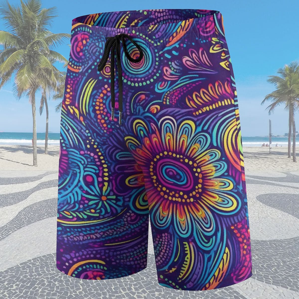 Colorful patterned shorts on a beach with palm trees and blue sky.