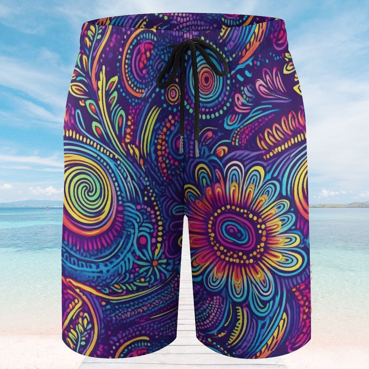 Colorful patterned shorts with a beach background