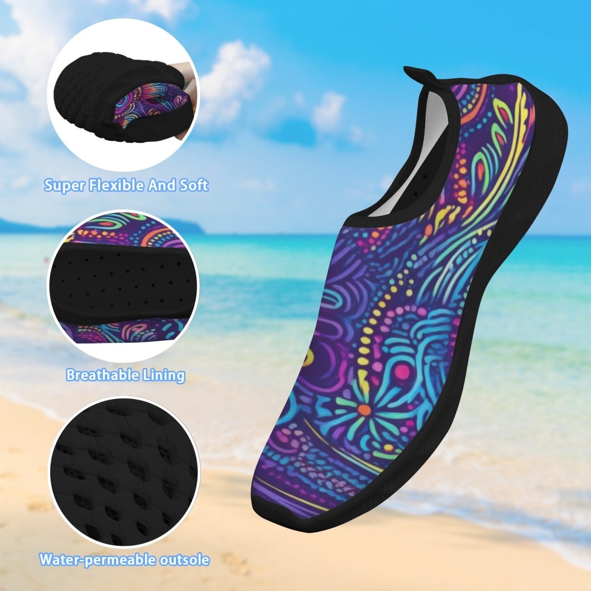 A single water shoe floating over a beach background, with three circular inset detail images on the left showing the flexible sole, breathable lining, and water-permeable outsole. The shoe has a colorful psychedelic Tribal pattern in purple, blue, yellow, and orange with a black sole.