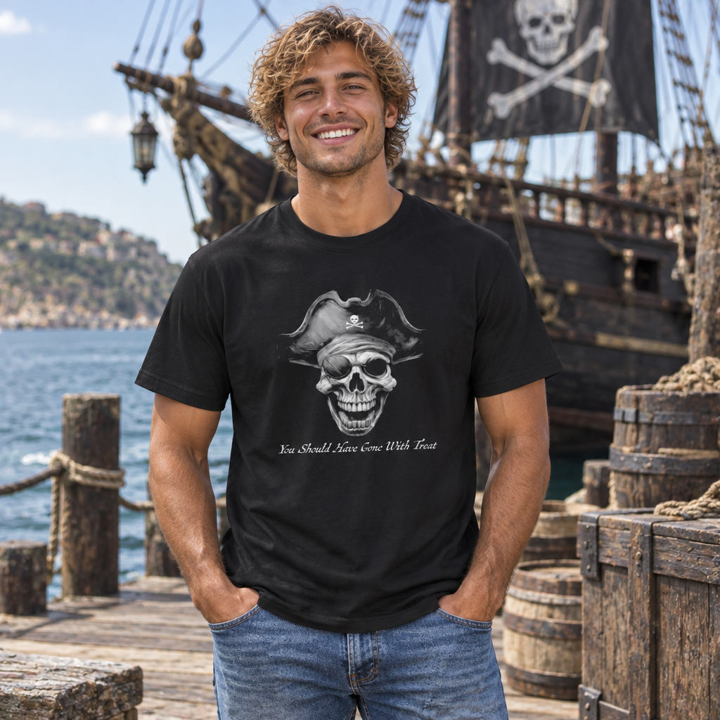 A smiling man wearing a black graphic t-shirt stands on a wooden dock with a pirate ship and sea in the background. The t-shirt features a grayscale graphic of a skull wearing a pirate hat with the text 'You Should Know How To Use A Sword'.