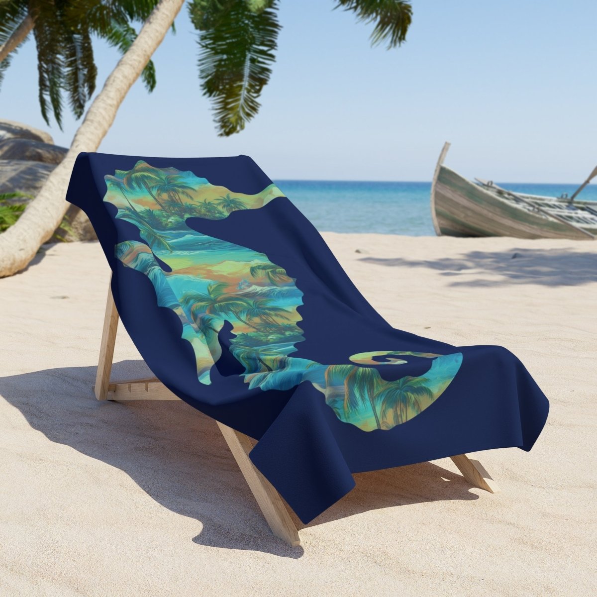 Navy blue beach towel with palm tree design on a wooden lounge chair at a tropical beach.