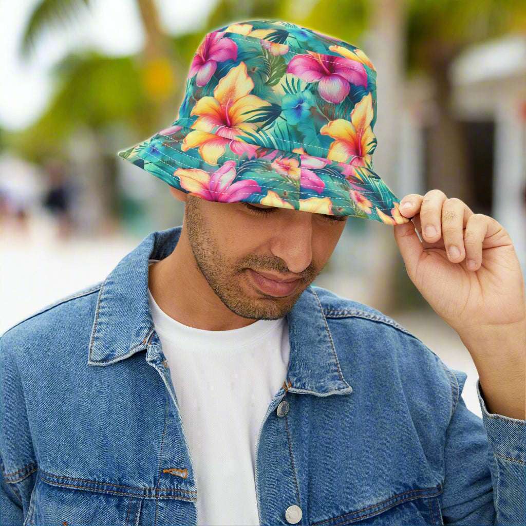 Dude wearing a tropical bucket hat from Bongo Beachwear hanging out in Key West