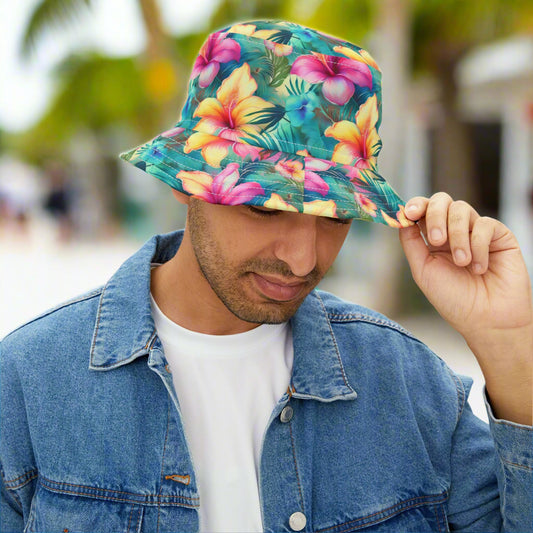 Dude wearing a tropical bucket hat from Bongo Beachwear hanging out in Key West