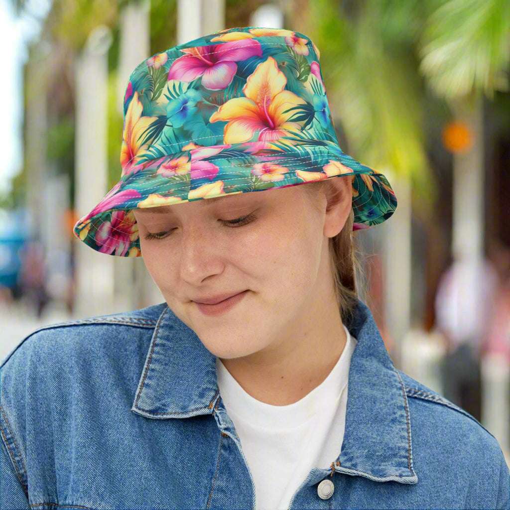 Pretty girl wearing a Bongo Beachwear Bucket Hat with tropical floral pattern hanging out in Key West.