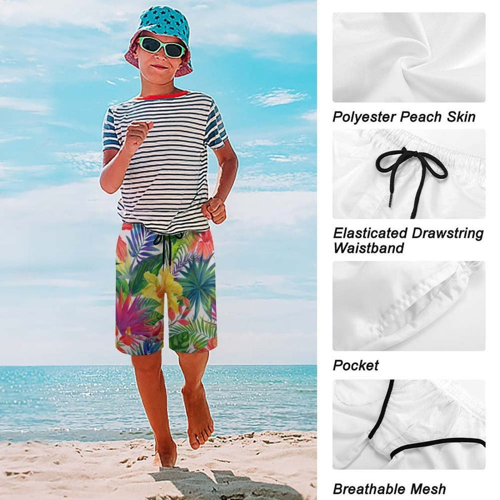 Child wearing a striped shirt, colorful shorts, and a bucket hat on a beach with fabric details overlayed.