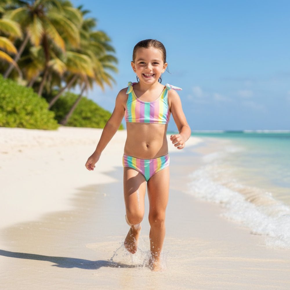 Little girl wearing a Multicolored Tropical Stripe Swimsuit with a top and bottom running on a Hawaiian Island beach