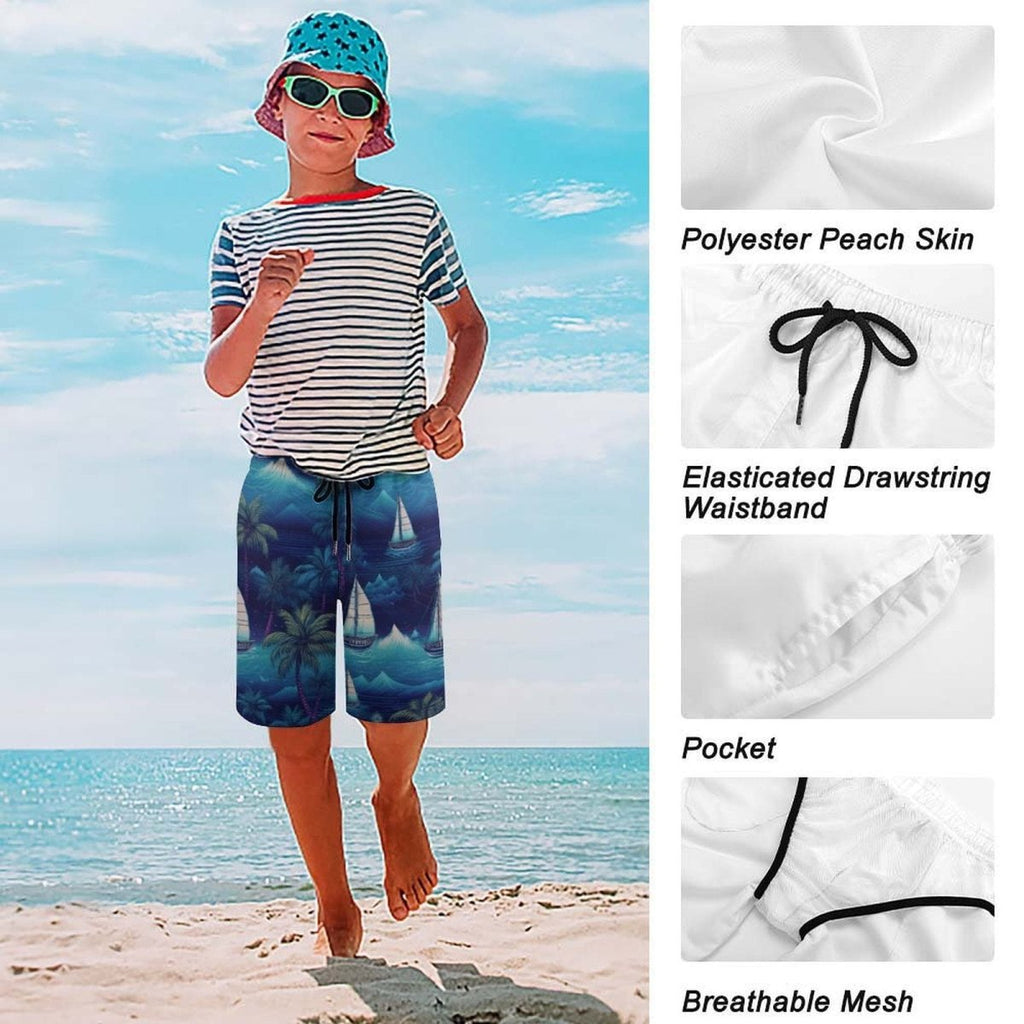 Person wearing a striped shirt, blue shorts with sailboat design, and a blue bucket hat on a beach.