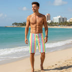 Dude wearing tropical Pastel striped board shorts on Miami's South Beach