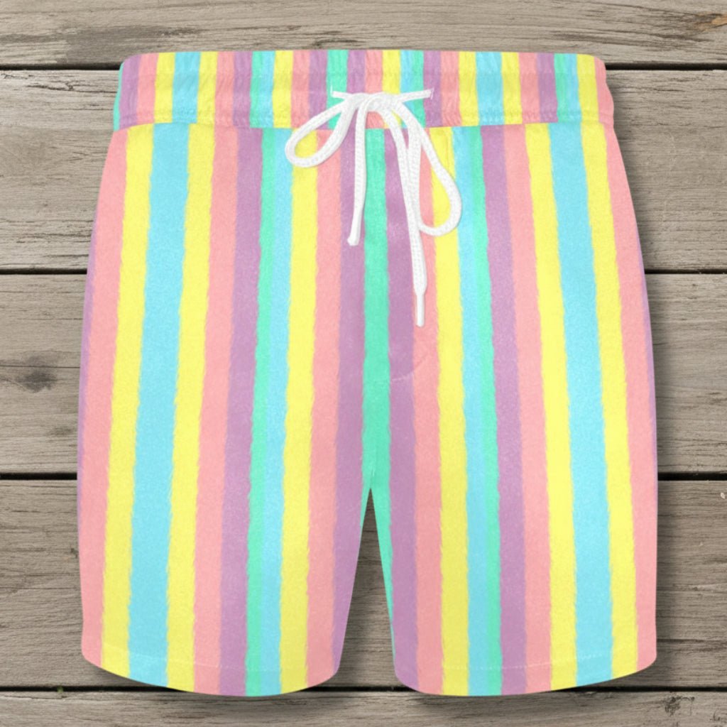 Multicolored striped shorts with a drawstring on a white background