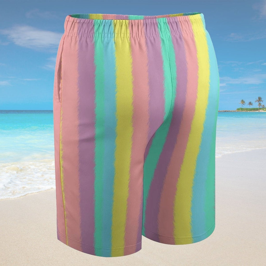 Pastel striped shorts with a beach background