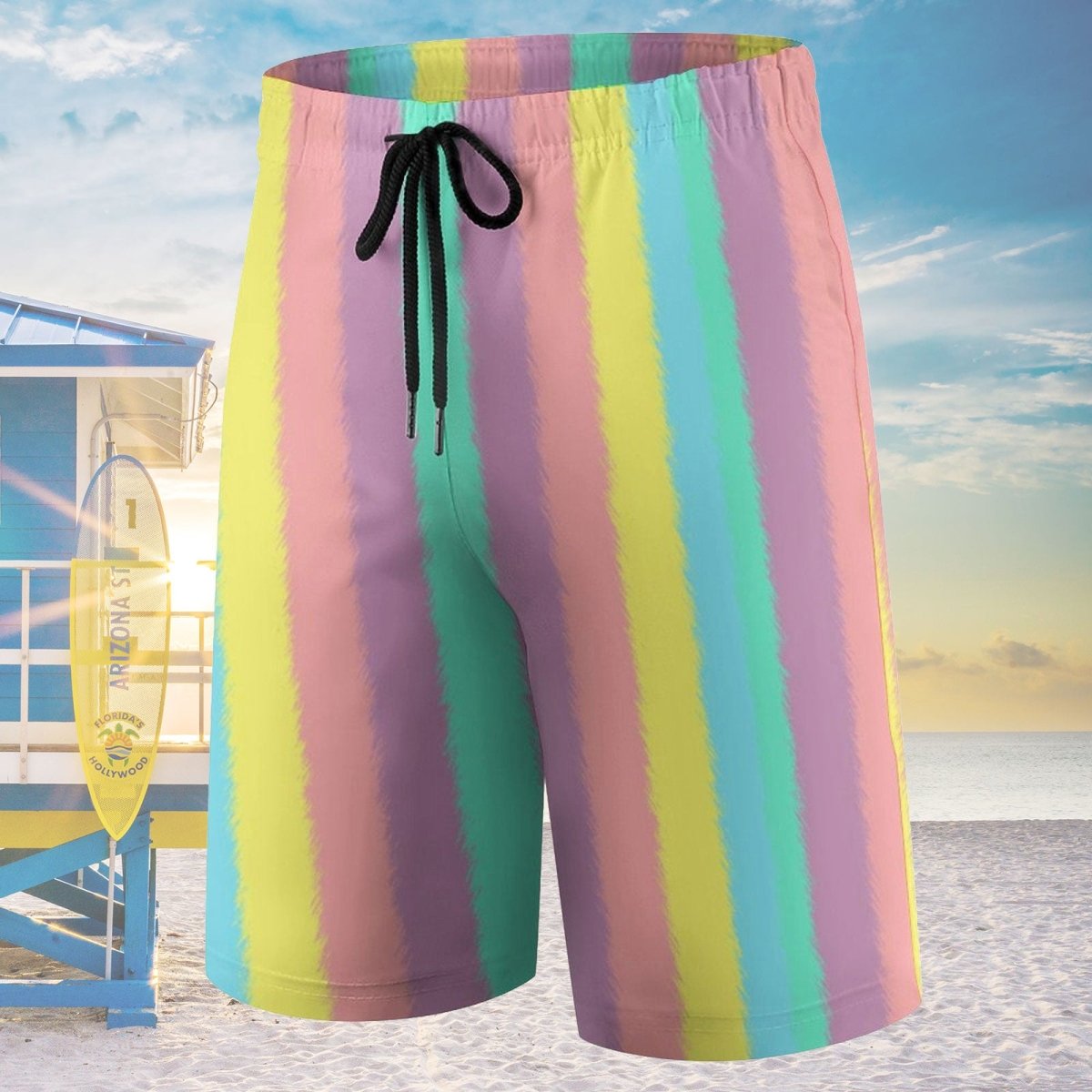 Colorful striped shorts with a beach background