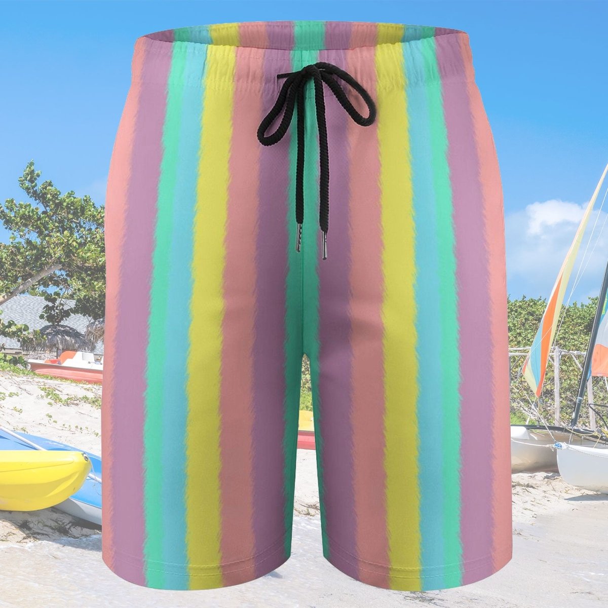 Colorful striped shorts with a drawstring on a beach background