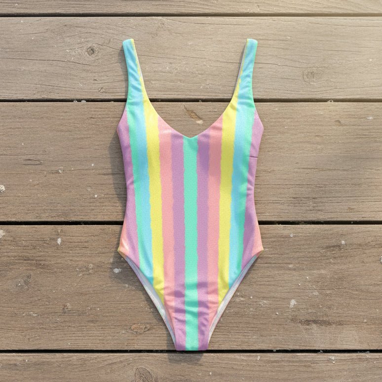 Multicolored striped swimsuit on a rustic wood deck