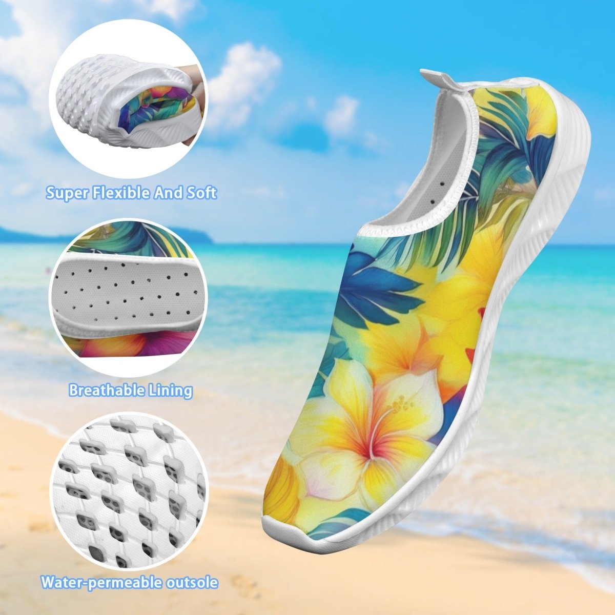 A single slip-on water shoe with a tropical floral print, shown against a beach background with three circular inset detail images highlighting its flexible sole, breathable lining, and water-permeable outsole.