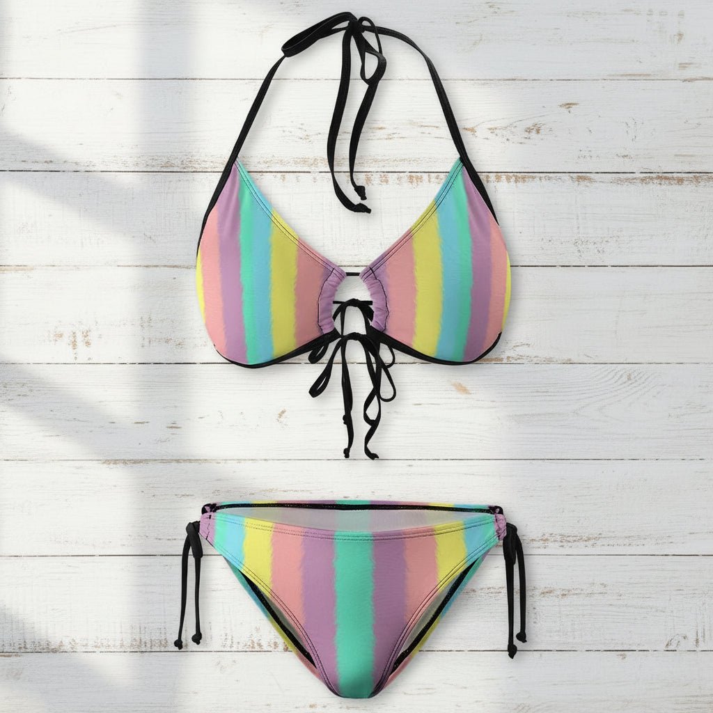 Multicolored striped bikini set on a white  Nautical wood background