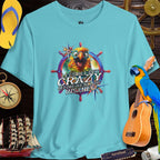 Colorful ParrotHead Tee with 'Let's All Get Crazy' design, perfect for Jimmy Buffett fans and vibrant summer fun.