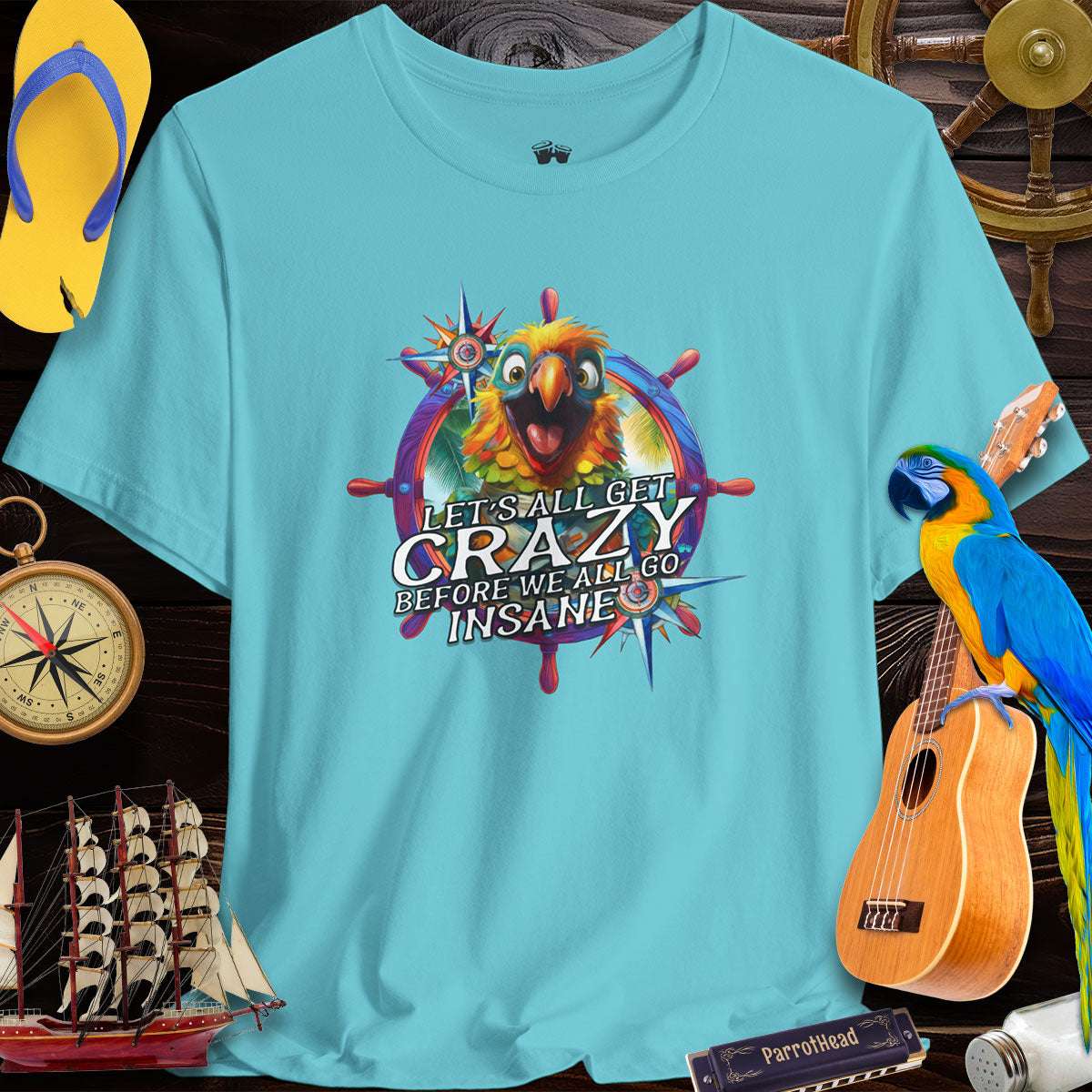 Colorful ParrotHead Tee with 'Let's All Get Crazy' design, perfect for Jimmy Buffett fans and vibrant summer fun.