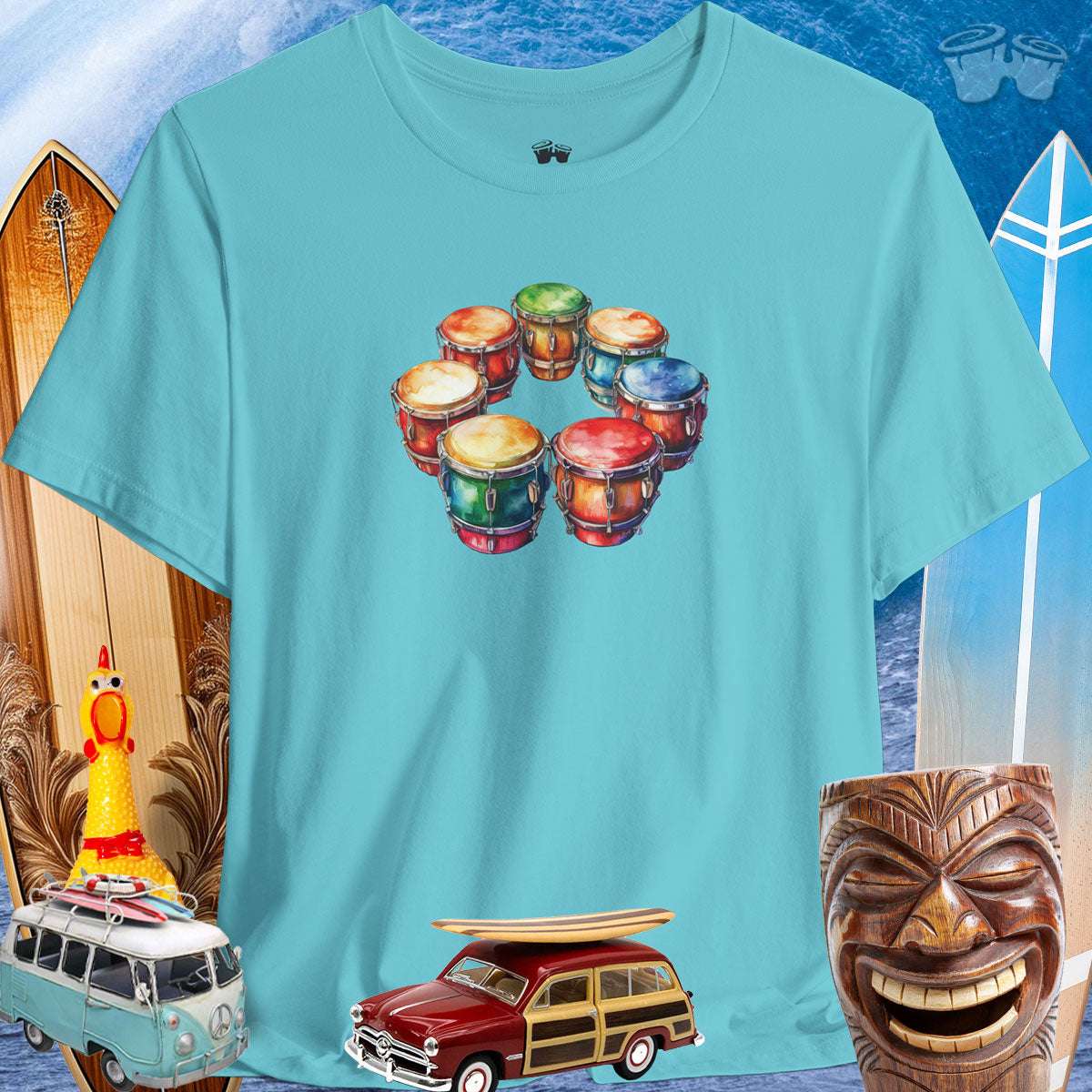 Drum Circle Tee Shirt with Surfing Wave and Icons Background Colorful Bongo Drum Circle | Bella Canvas Tee 🪘
