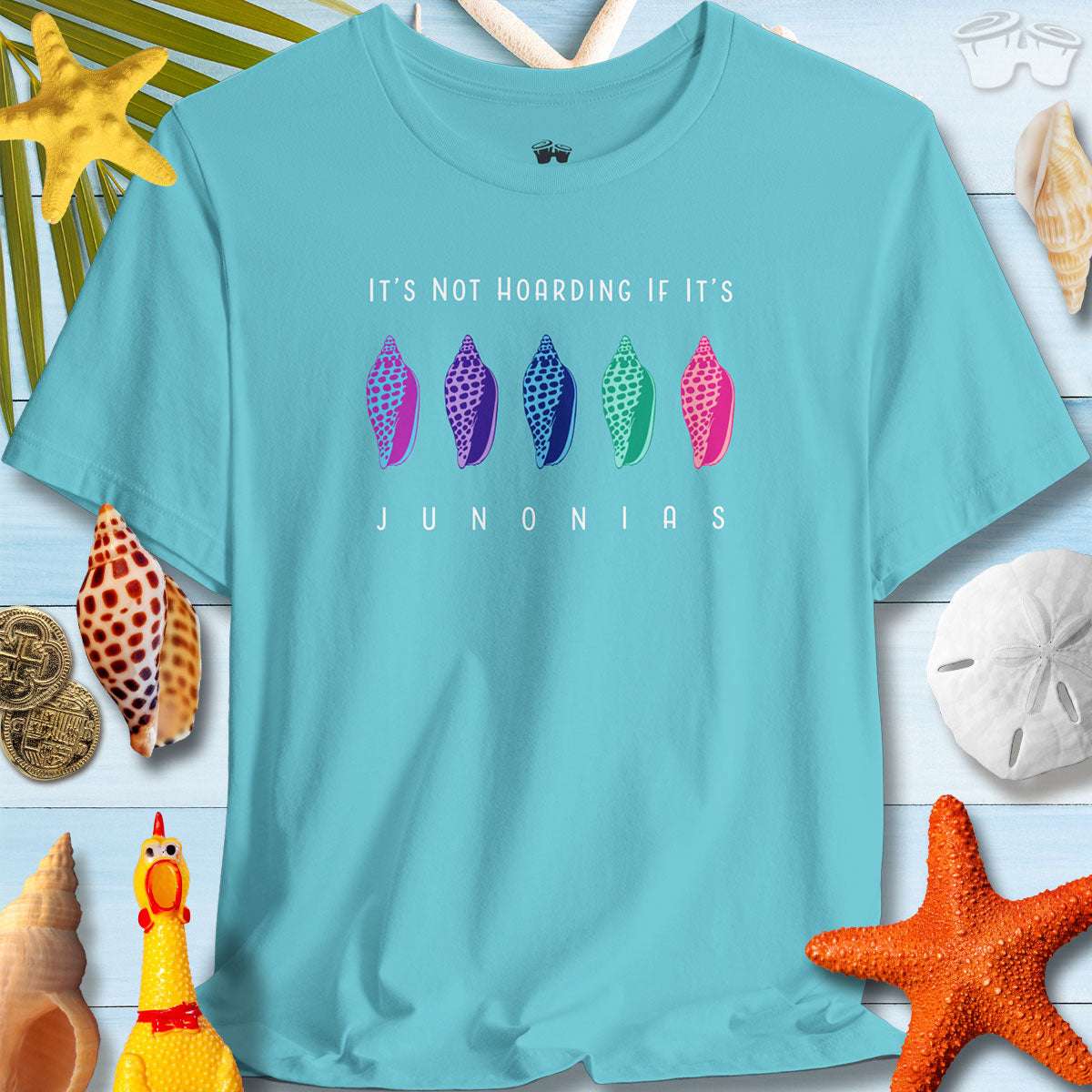 Colorful Junonia T-shirt featuring the phrase 'It's Not Hoarding If It's Junonias', perfect for beach lovers.