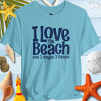 I Love The Beach clever t-shirt in blue, perfect for beach lovers and casual outings.