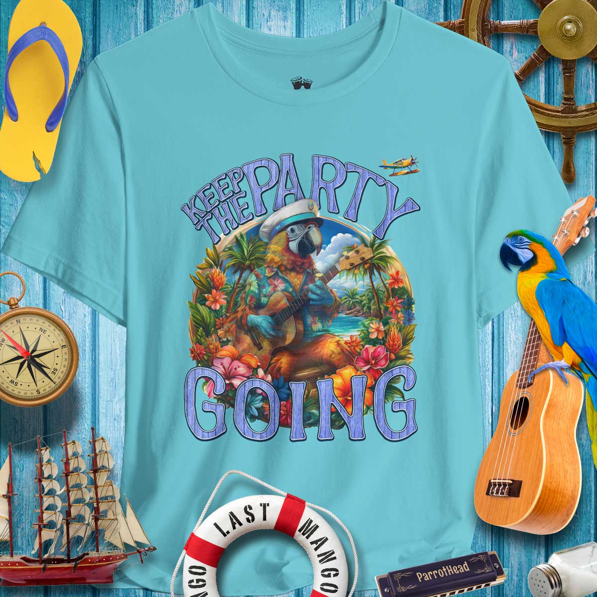 Tropical graphic tee featuring a parrot and flowers, perfect for summer parties and celebrations.