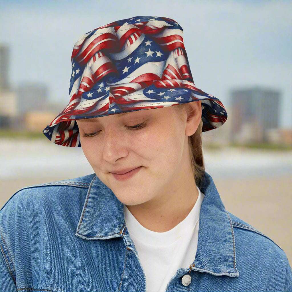 Girl wearing bucket hat with US Flag Pattern standing on the beach in Atlantic City