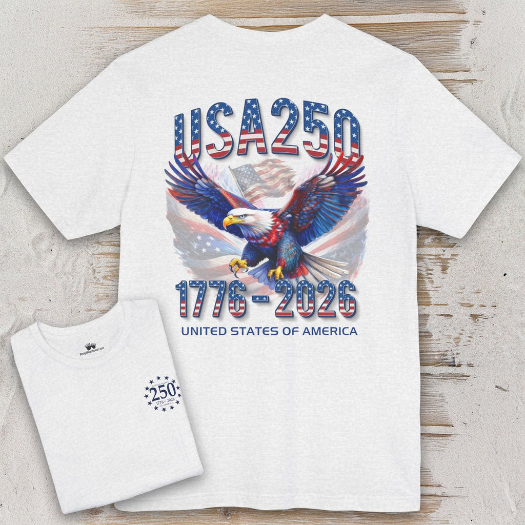 White t-shirt with eagle graphic and 'USA 250' text on a wooden surface