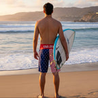 USA-themed shorts with red, white, and blue design on a plain background