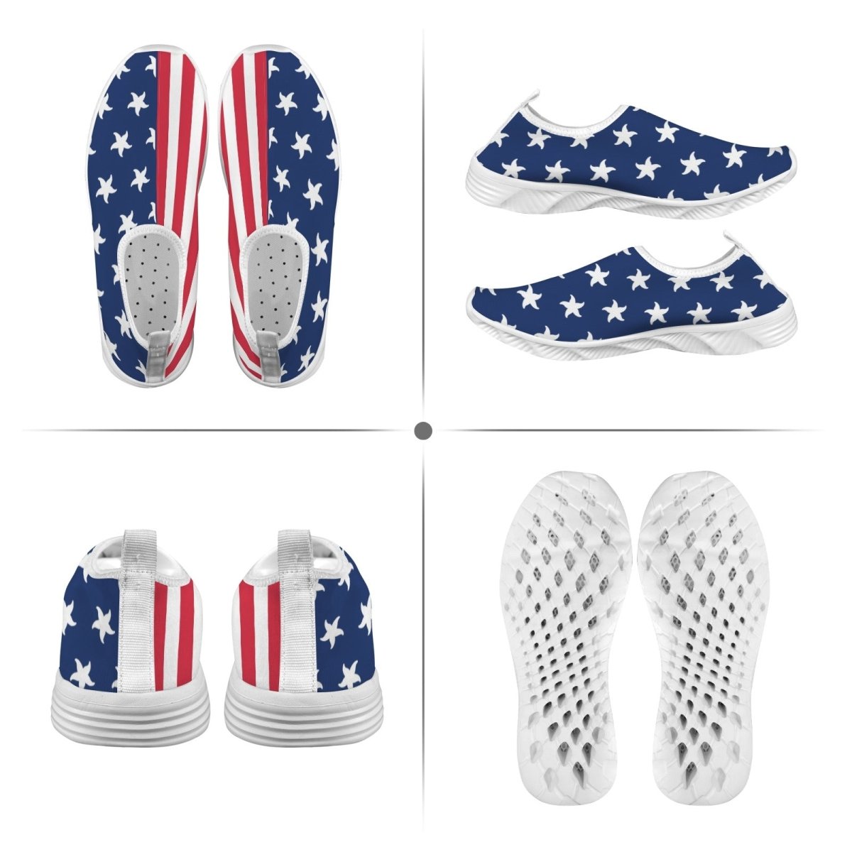 A four-panel product collage showing a pair of slip-on shoes from multiple angles on a white background. The shoes have a navy blue upper with white stars and red-and-white vertical stripes, plus white perforated soles.