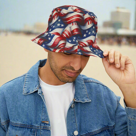 USA Flag Pattern bucket hat worn by guy walking down the beachside boardwalk in Atlantic City