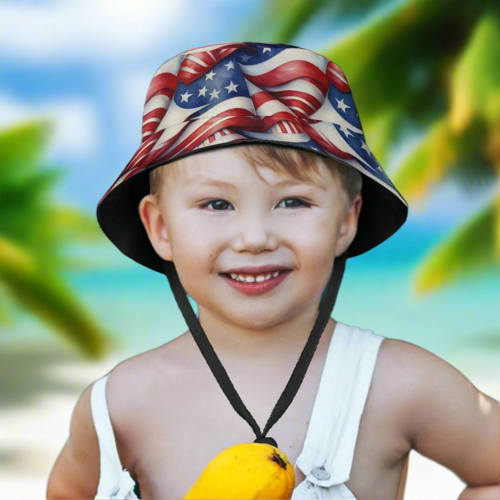 boy in overalls wearing a Americana flag pattern hat
