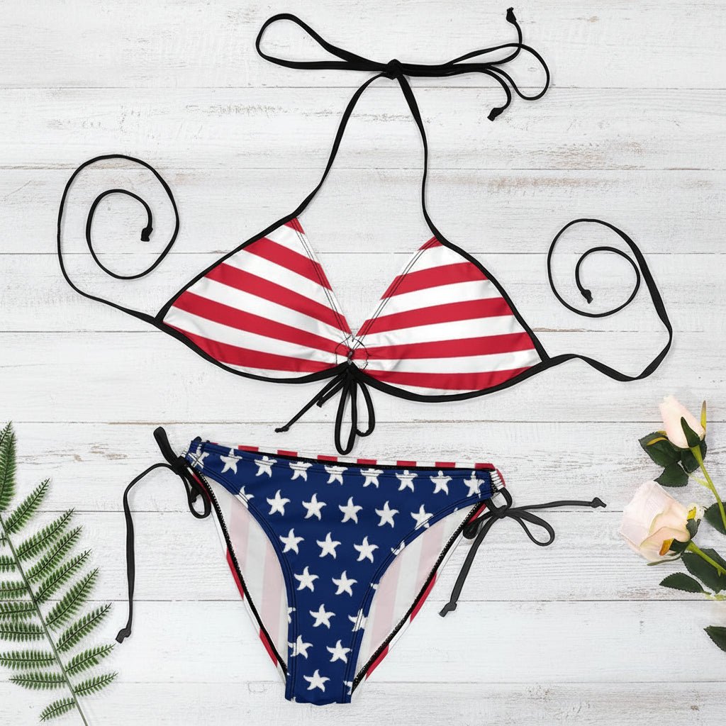 American flag bikini set with floral decorations on a white background