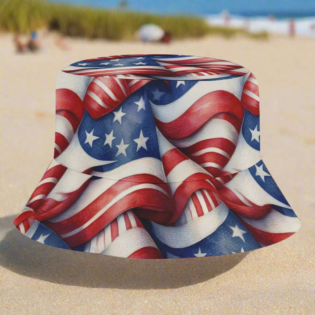 A bongo beachwear Bucket Hat for Kids sitting on a beachside boardwalk