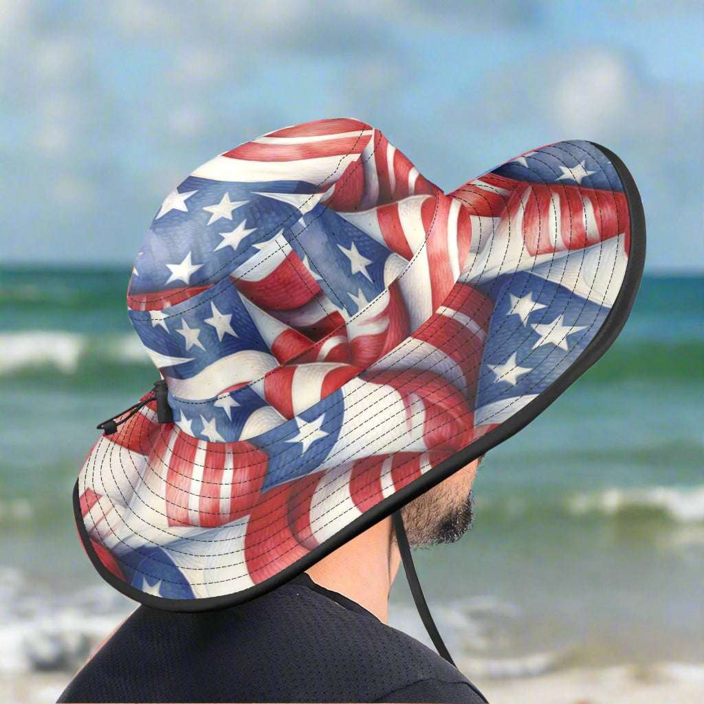 Dude Celebrating Independence Day on Pensacola Beach showing off back of the American USA Flag Sun by RonBongo