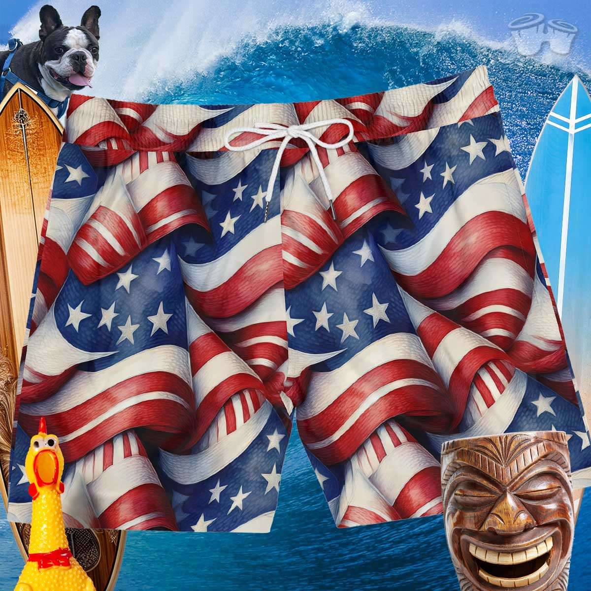 Men's Patriotic Swim Shorts of a wave, surfboards, a laughing tiki, Tater the SurfDog and a Rubber chicken
